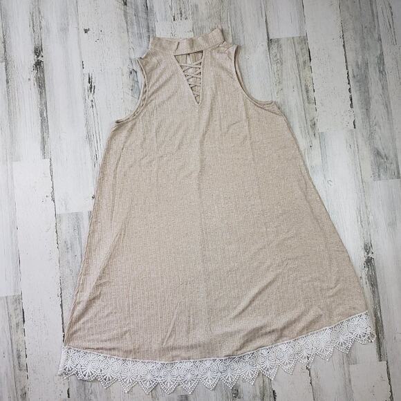 Polagram Oatmeal High Neck Lace-Up Sleeveless Lace Trim Dress Women's Size large - Picture 1 of 11